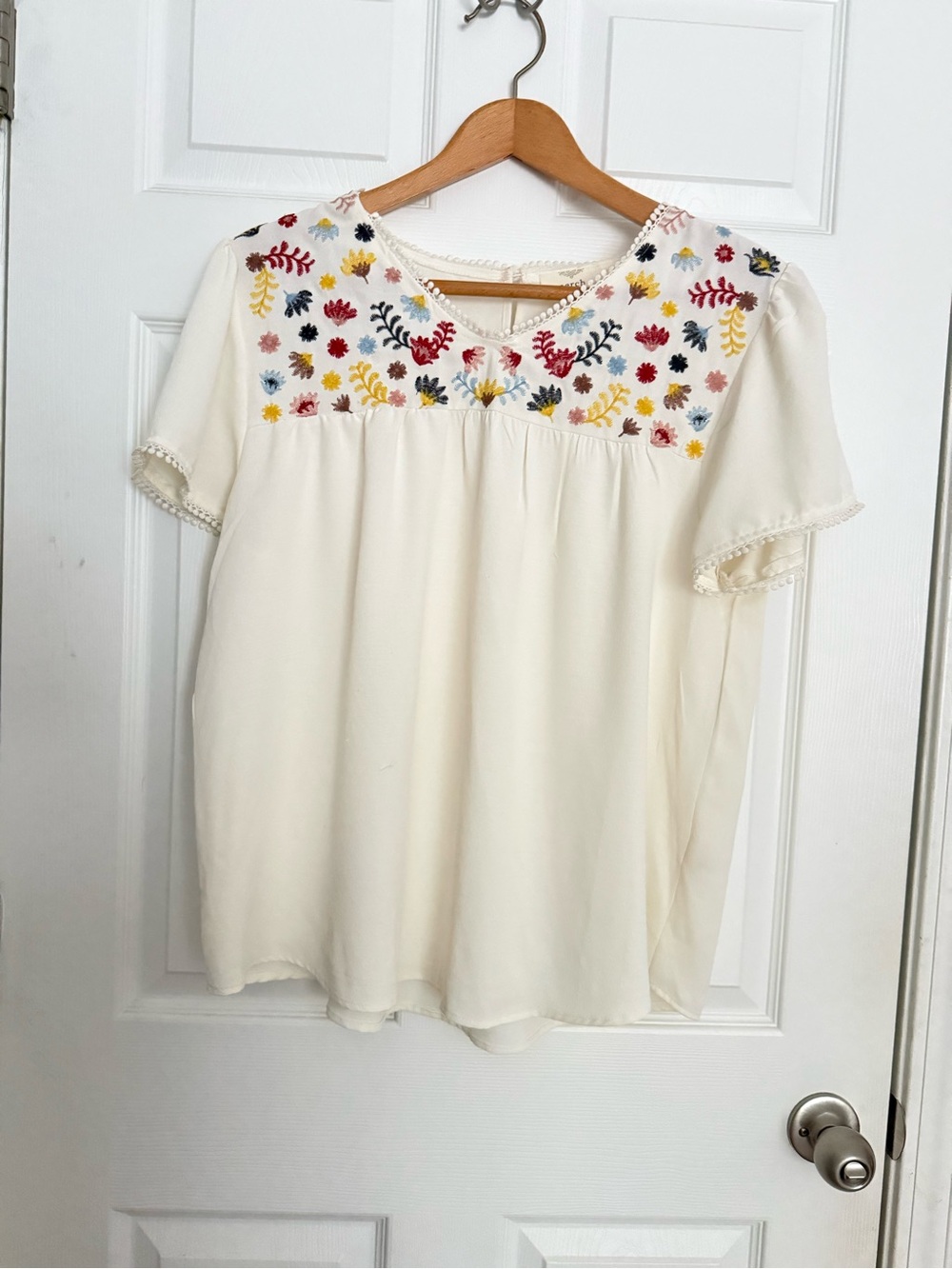 Perch 1xl Embroidered Ivory Peasant Blouse - Floral Yoke Boho Festival